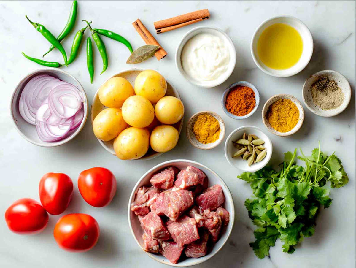 Ingredients for lamb and potato curry arranged on white marble, including spices and produce.