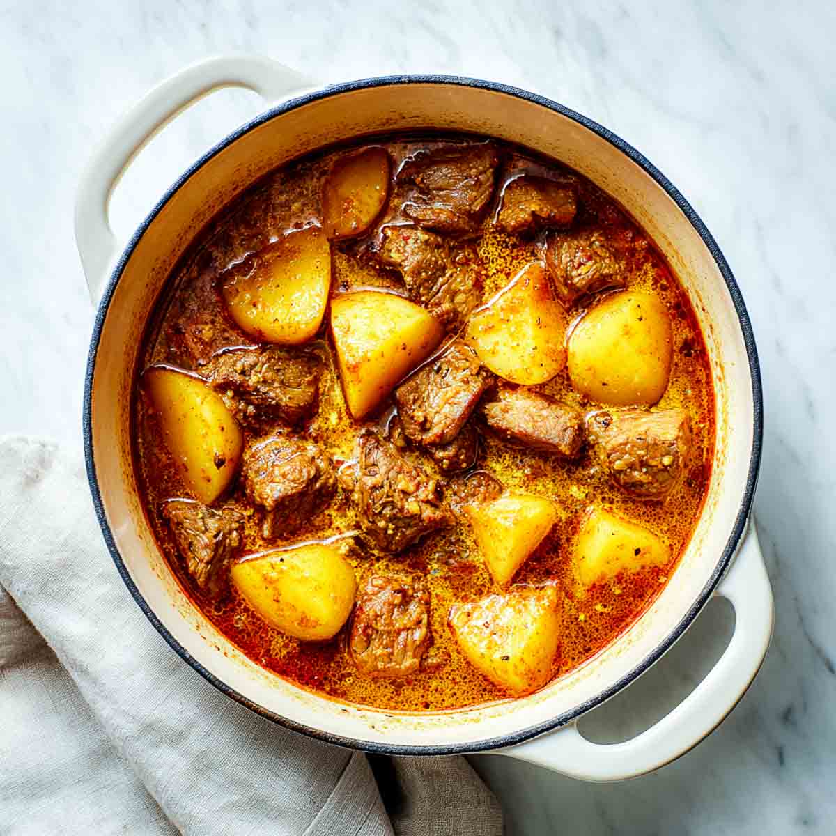 Lamb and potatoes simmering in spiced gravy inside a cream Dutch oven.