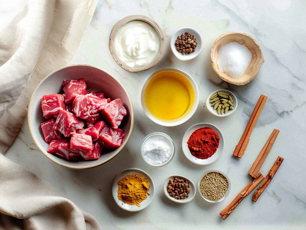 All the ingredients for lamb rogan josh are arranged neatly on a marble surface, including lamb pieces, yogurt, spices, oil, and whole aromatics.
