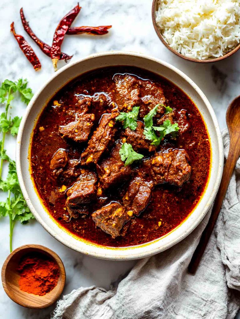 Top down view of lamb vindaloo in a ceramic bowl with rich red curry sauce.