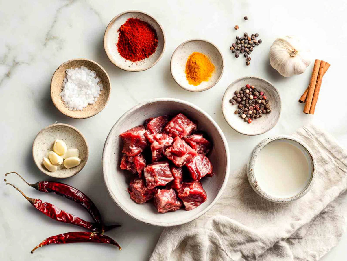 Ingredients arranged for lamb vindaloo including raw lamb, spices, garlic, and vinegar.