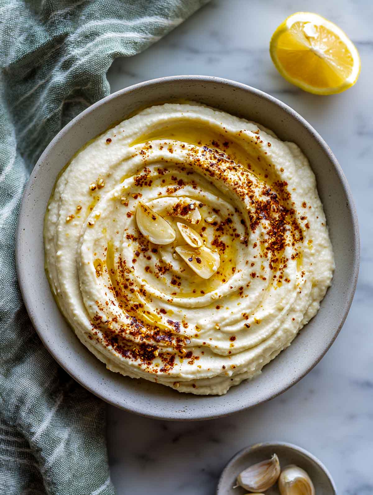 Smoky white bean dip with roasted garlic and lemon in bowl.