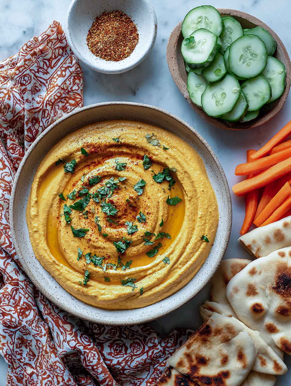Spiced red lentil dip with cumin and coriander served with naan.