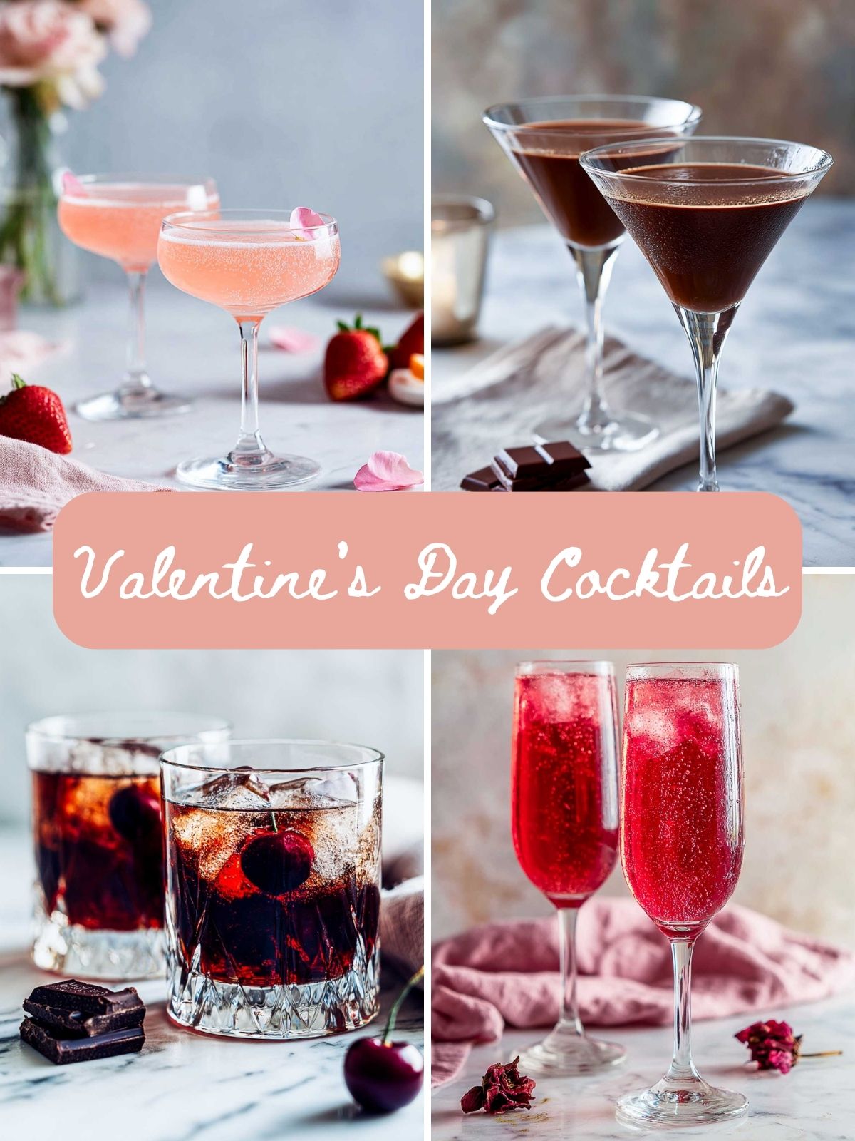 A four-image collage of valentine's day cocktails.
