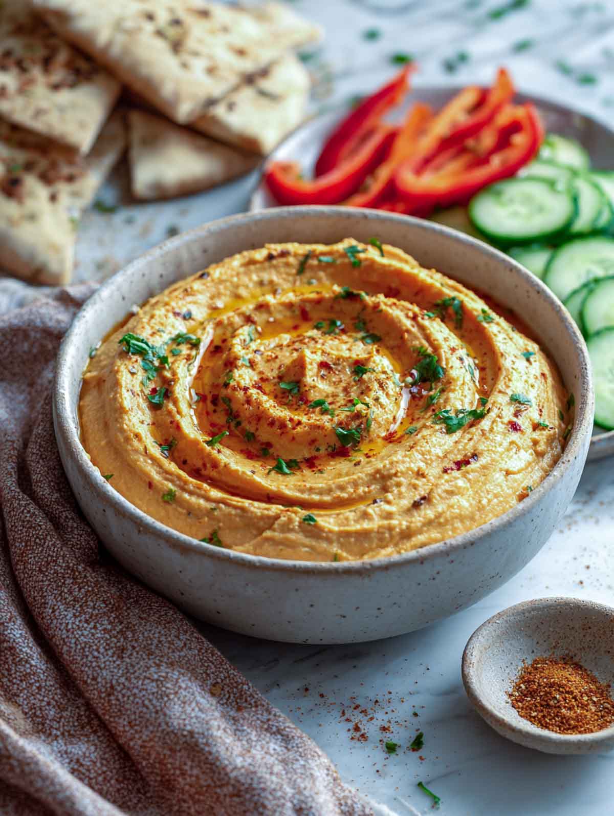 White bean and roasted carrot dip with cumin served with pita.