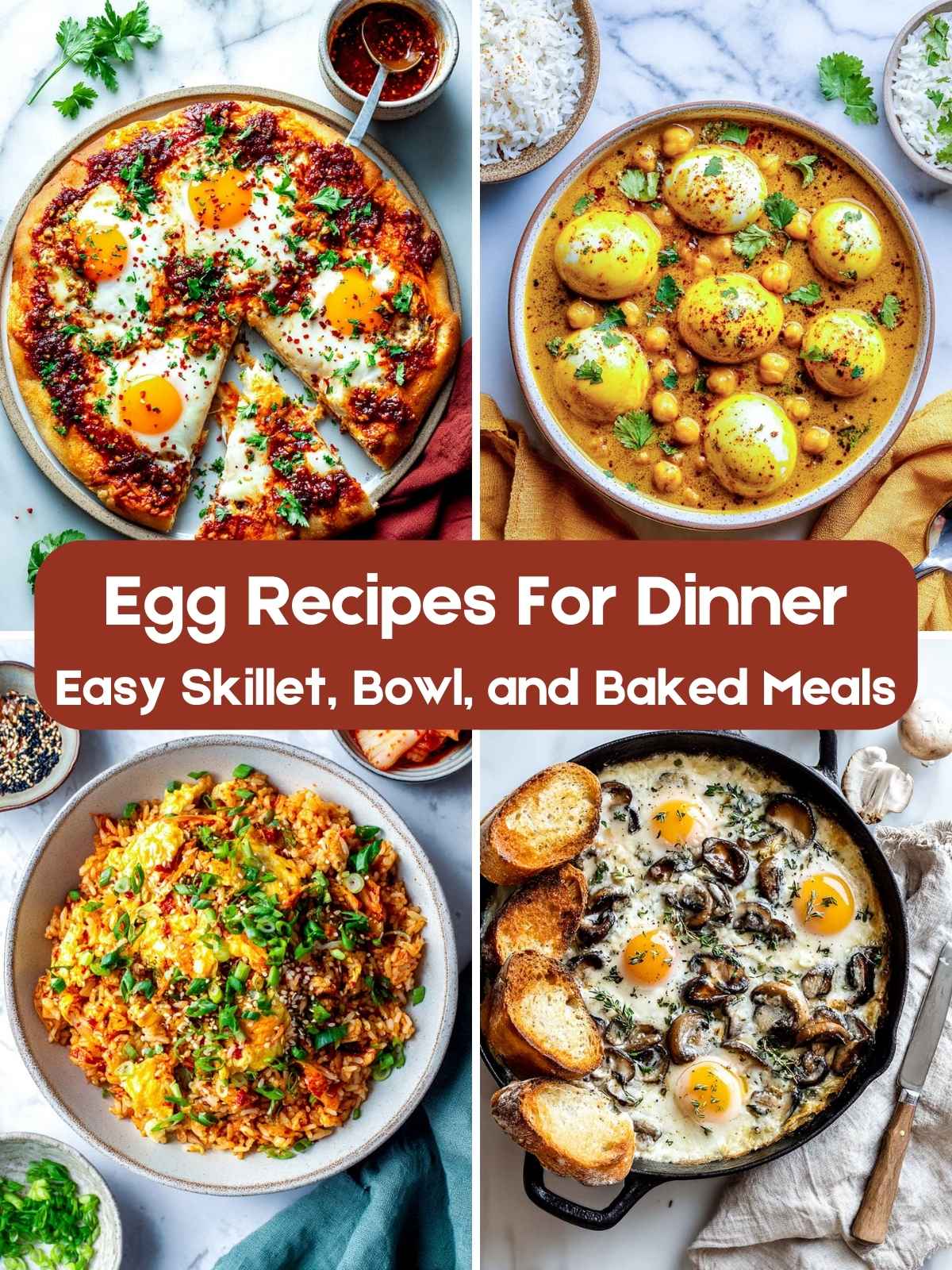 A four-image collage of egg recipes for dinner.
