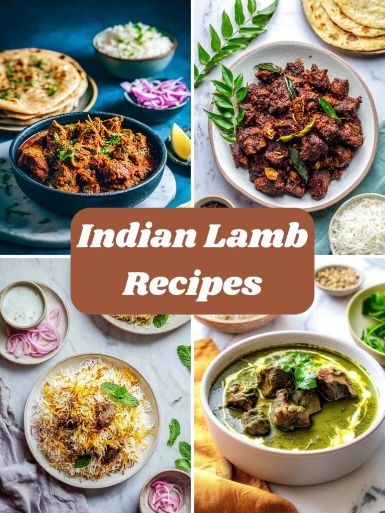 A four-image collage of Indian lamb recipes.