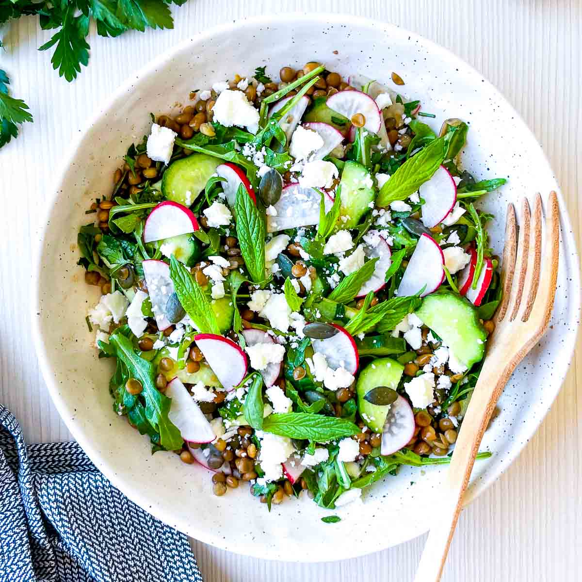 Close-up of a lentil salad with cucumber slices, radishes, fresh herbs, and crumbled cheese in a speckled white bowl with a wooden fork.