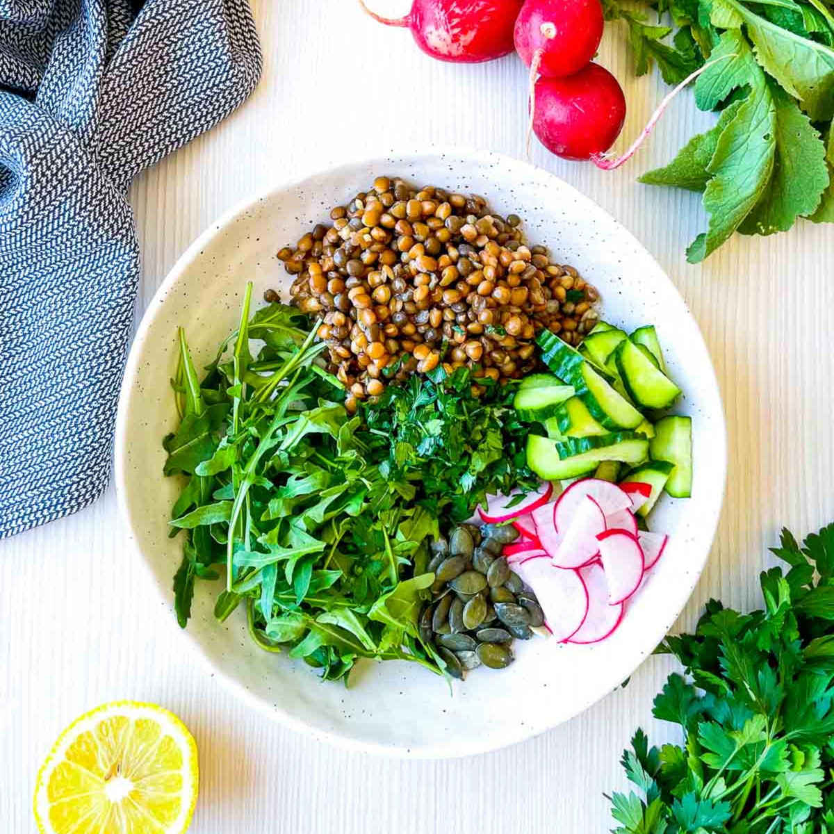 Overhead view of a bowl with lentils, arugula, chopped herbs, sliced cucumber, radishes, and pumpkin seeds arranged separately before mixing.