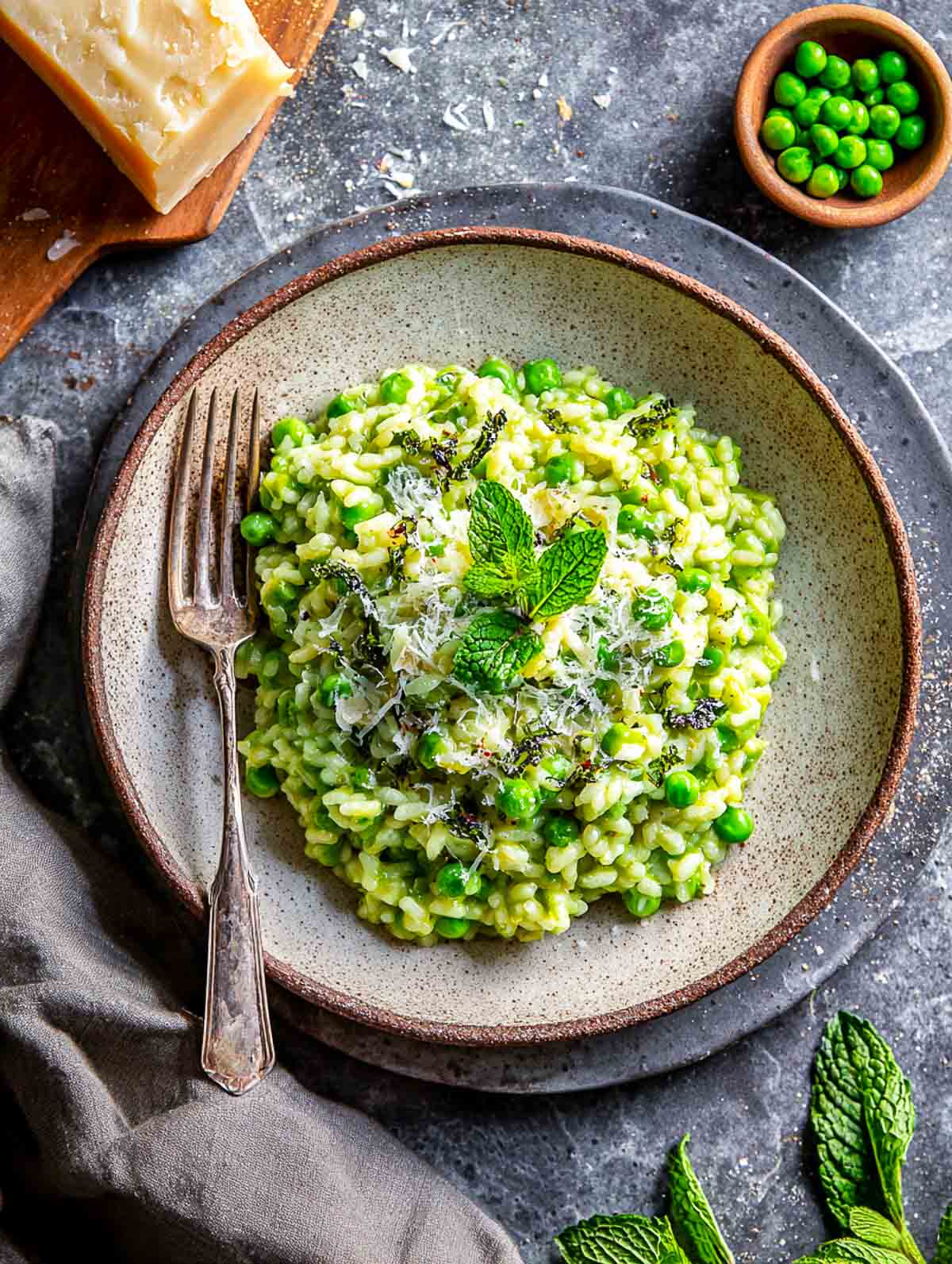 Creamy green pea risotto finished with mint and grated Parmesan.