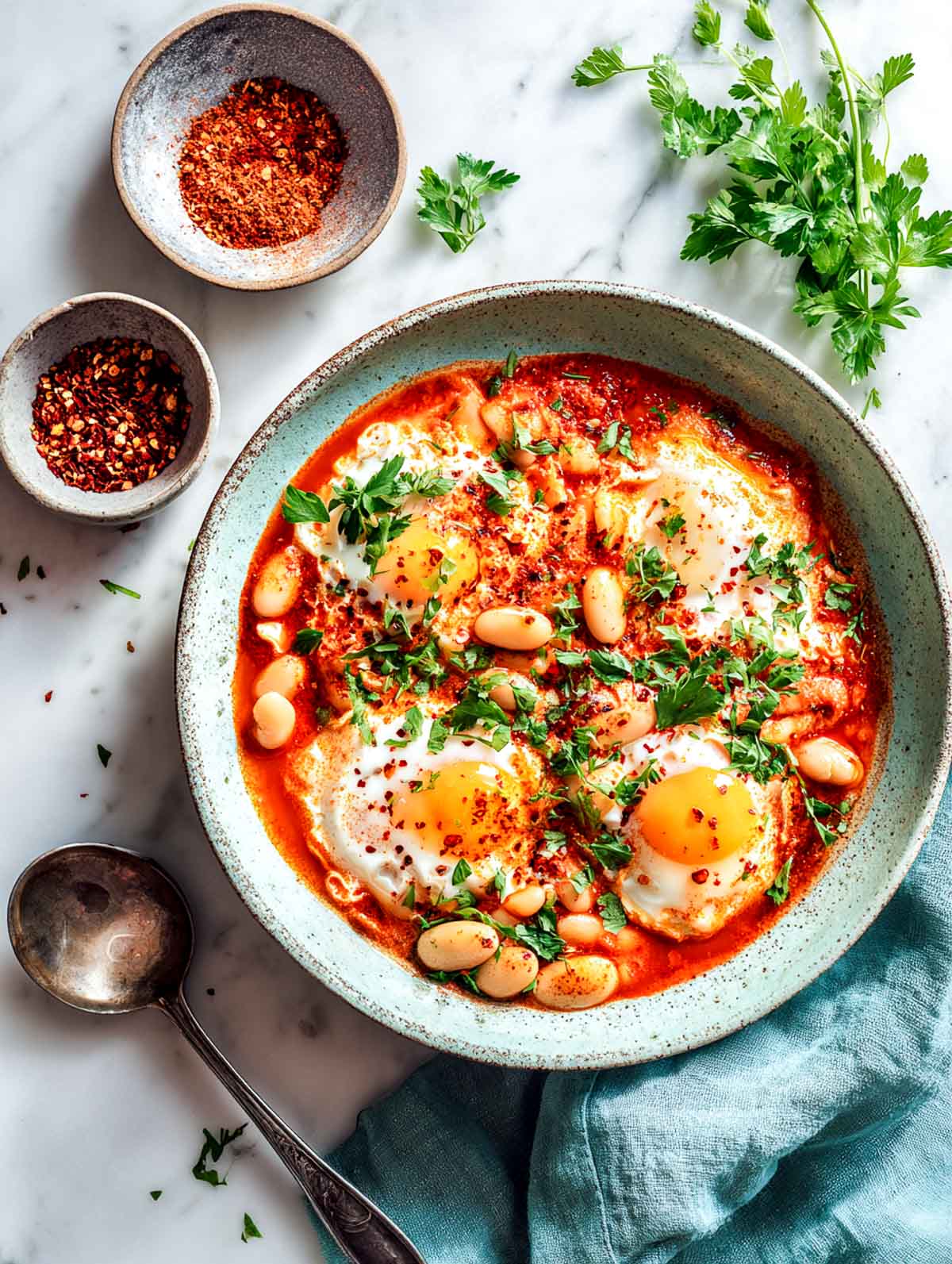 Top-down view of smoky tomato eggs with white beans served in a shallow ceramic bowl, featuring four softly set eggs nestled in a paprika-spiced tomato sauce with creamy white beans, garnished with chopped parsley and red pepper flakes, placed on a white marble surface with small bowls of spices and a teal linen napkin nearby.