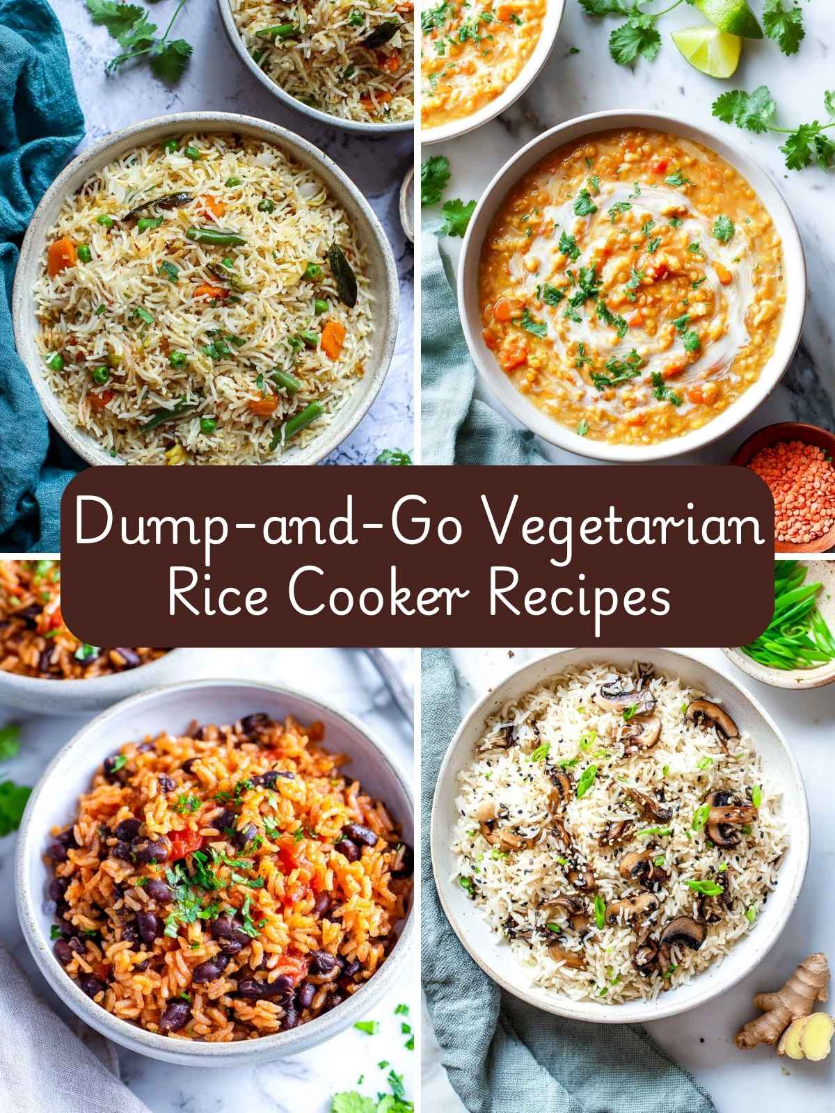 A four-image collage of dump-and-go vegetarian rice cooker recipes.