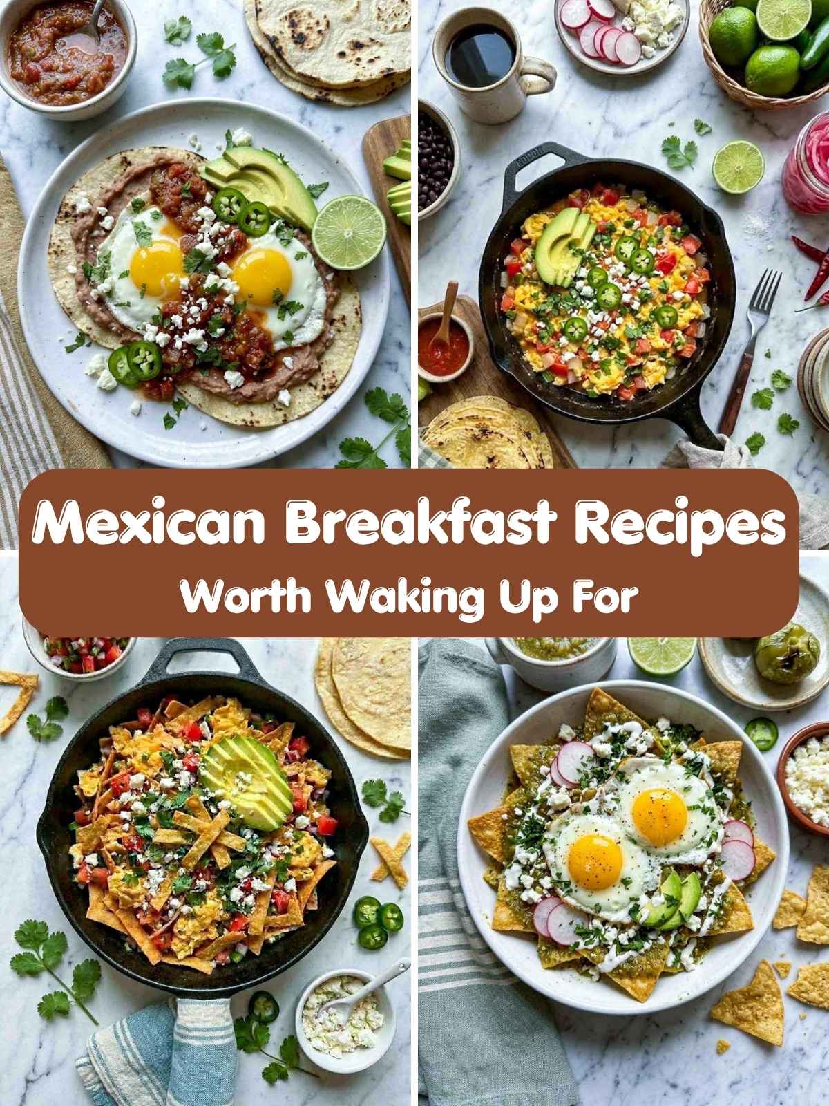 Mexican breakfast recipe collage with huevos rancheros, breakfast bowls, skillet eggs, chilaquiles, avocado, salsa, and tortillas.