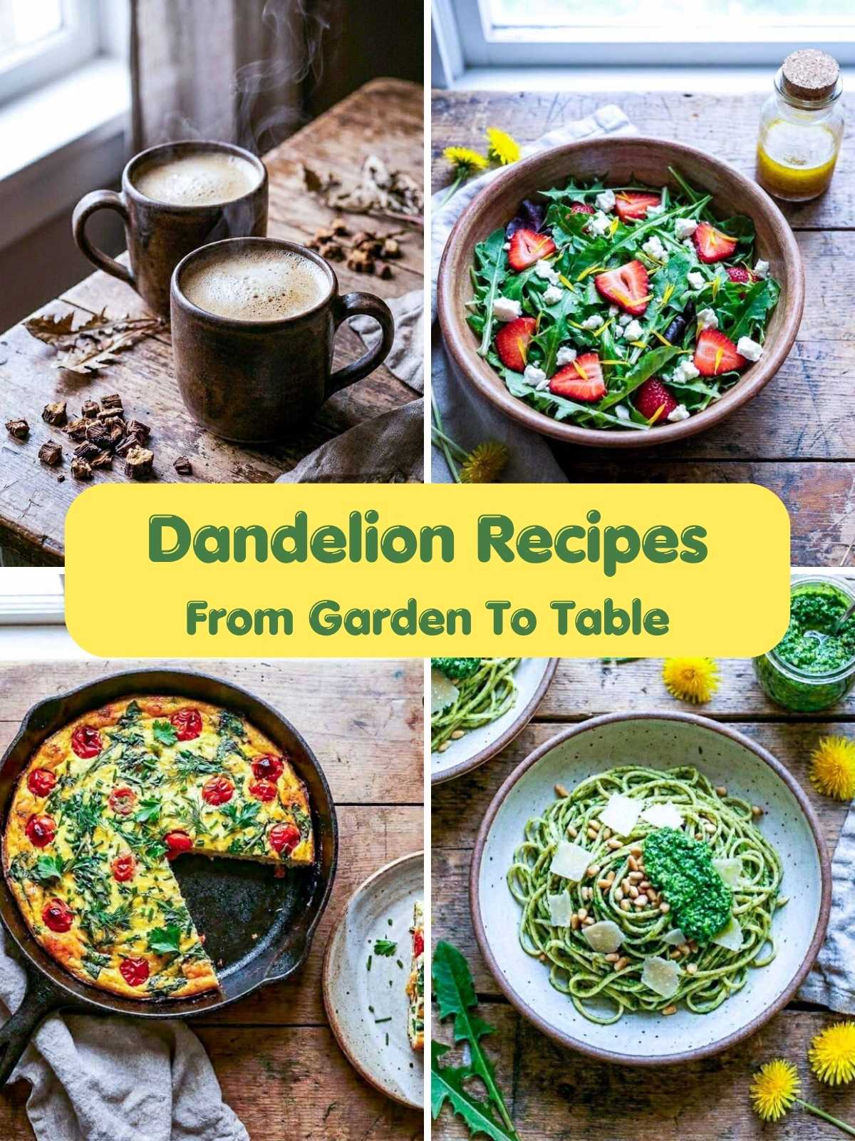 A four-image collage of dandelion recipes using fresh greens and flowers.