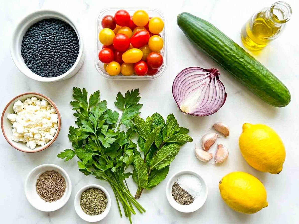 Ingredients for black lentil cold salad arranged on a marble surface, including black lentils, cherry tomatoes, cucumber, red onion, feta cheese, fresh parsley, mint, lemon, olive oil, garlic, and seasonings.