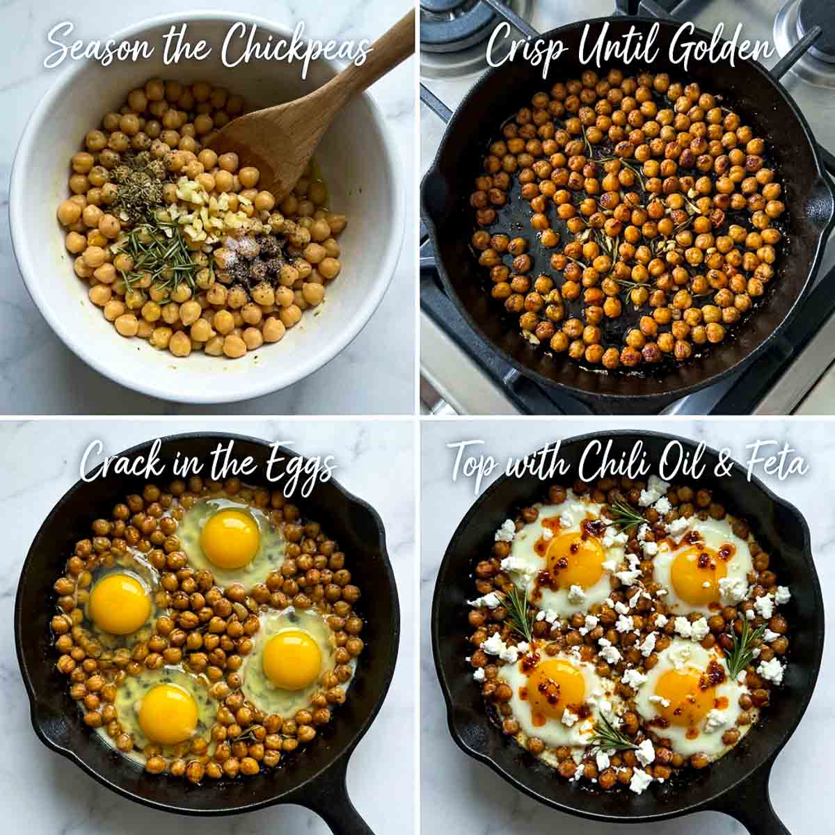 Four-step process collage showing how to make chickpea fried eggs: seasoning chickpeas in a bowl, crisping them golden in a cast iron skillet, cracking in eggs, and finishing with chili oil and feta.