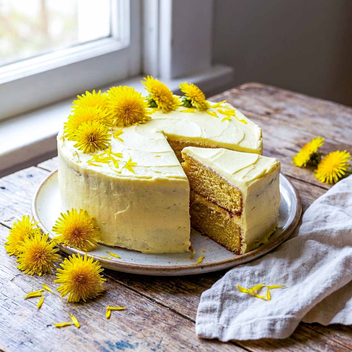 A two-layer round dandelion cake with pale yellow honey buttercream frosting on a ceramic plate, one slice cut to reveal golden soft layers inside, fresh dandelion flowers around the base and on top, scattered dandelion petals, worn wooden surface, linen napkin, warm spring window light