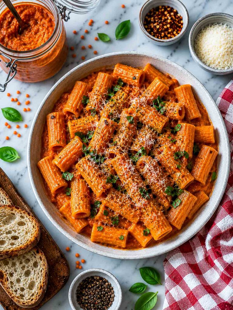 Top-down view of creamy red lentil rigatoni pasta garnished with Parmesan, basil, and black pepper with toasted bread, sauce jar, and red check napkin nearby.