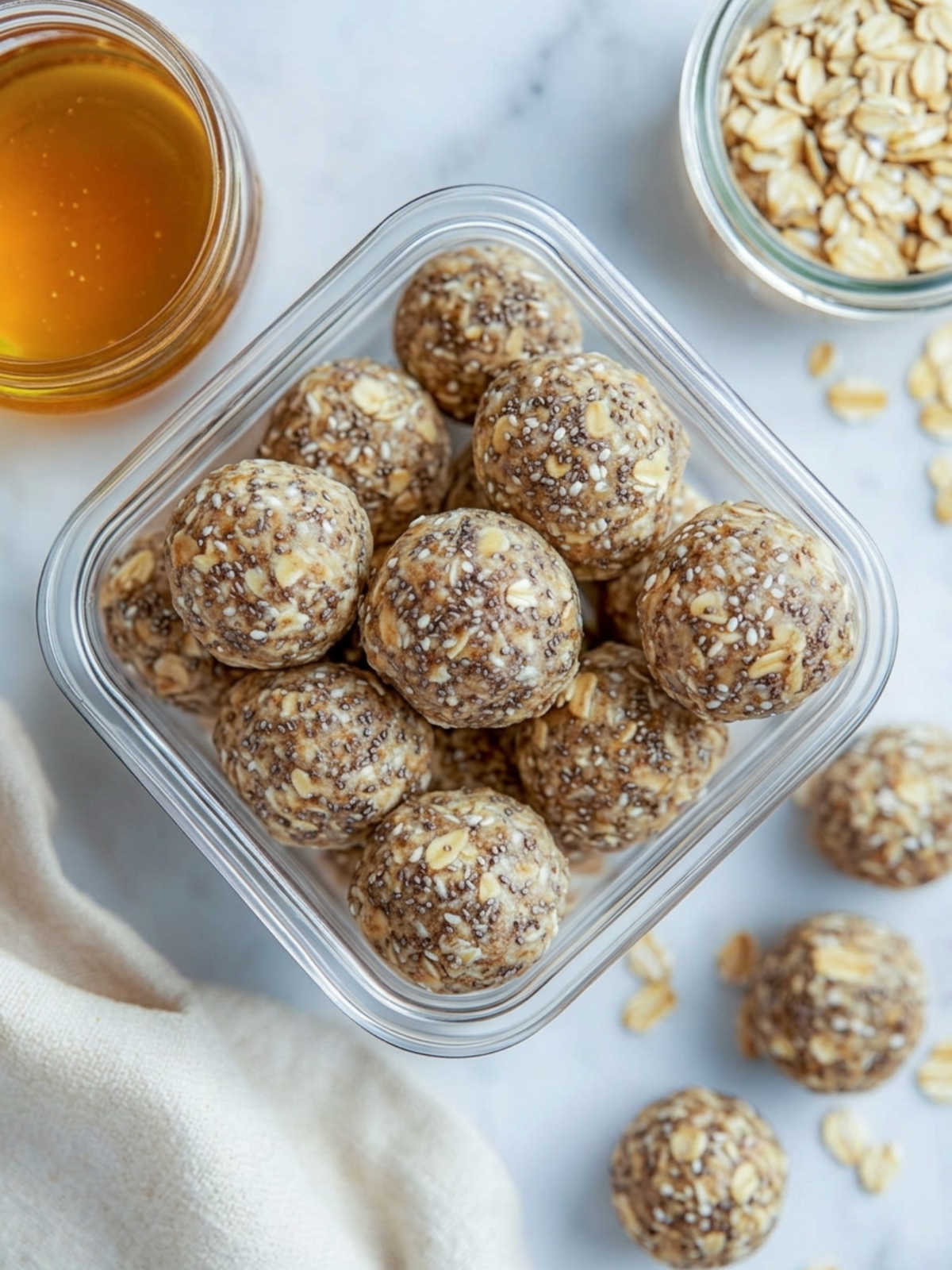 No bake chia and flaxseed energy balls piled in a glass container with honey and rolled oats nearby.
