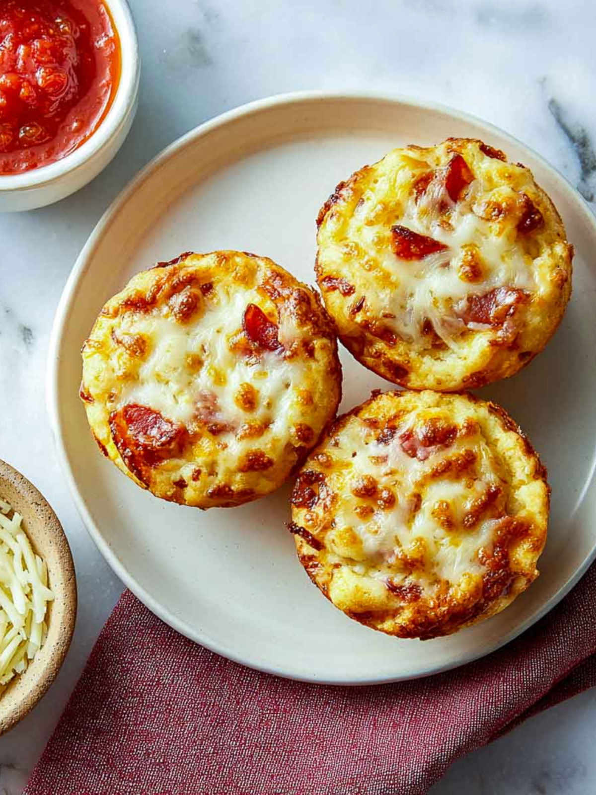 Top view of three lunchbox pizza muffins with melted cheese and pepperoni on a plate beside marinara sauce and shredded mozzarella.