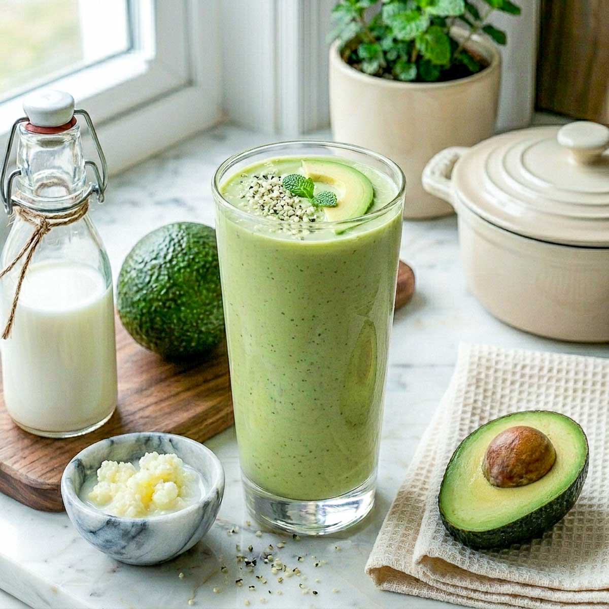 Creamy avocado kefir smoothie in a tall glass topped with avocado, hemp seeds, and mint.
