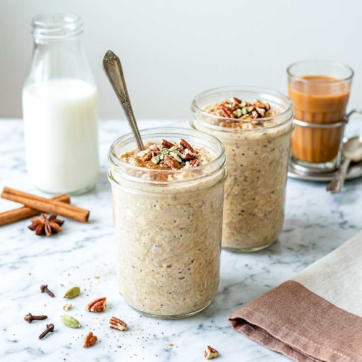 Chai kefir overnight oats in glass jars topped with pecans and warm spices.