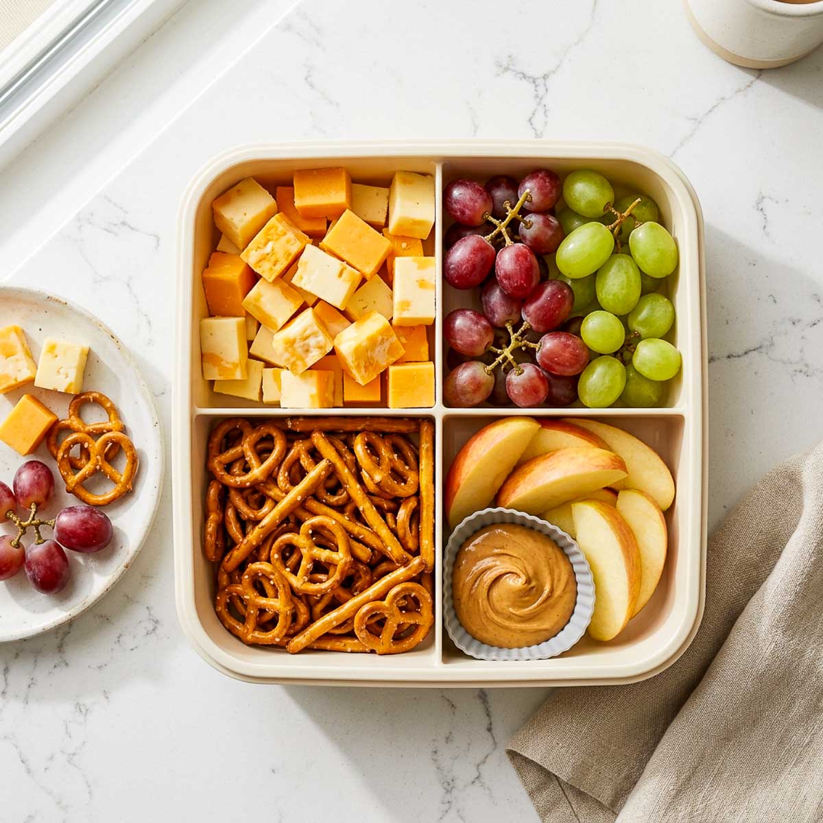 School lunchbox with cheddar cheese cubes, red and green grapes, pretzels, apple slices, and SunButter.