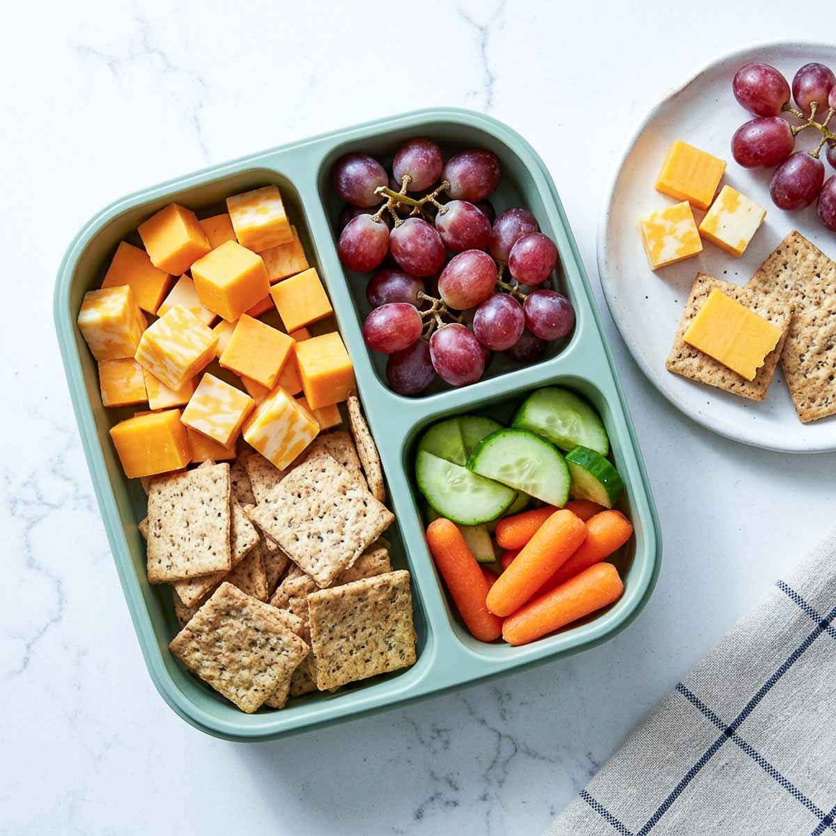Cheese cubes, whole-grain crackers, grapes, cucumbers, and baby carrots packed in a lunchbox.