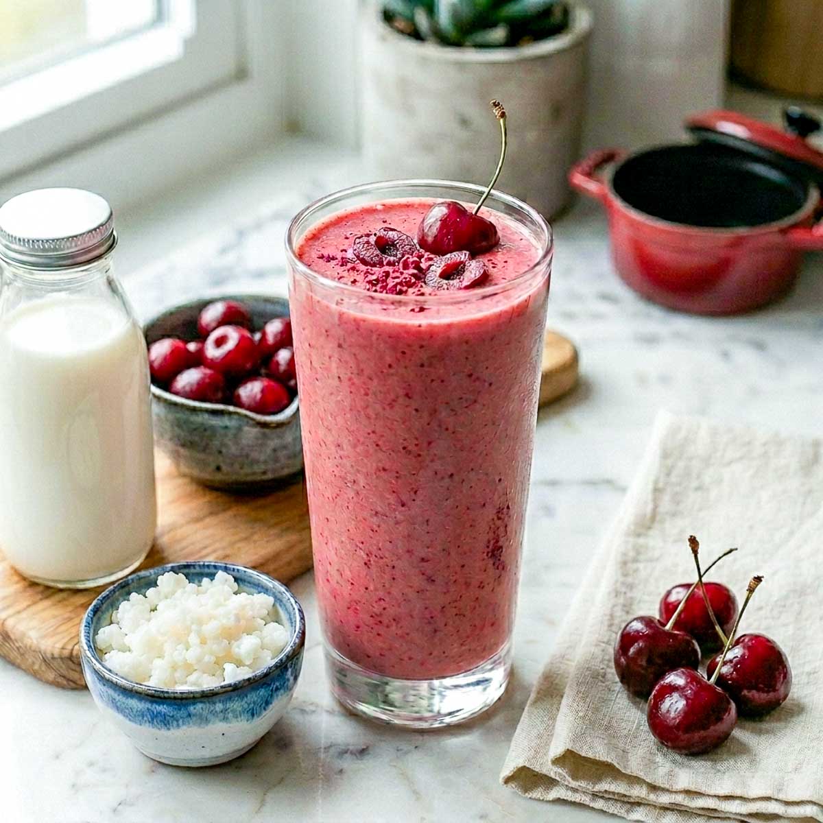 Cherry kefir smoothie in a tall glass topped with fresh cherries.