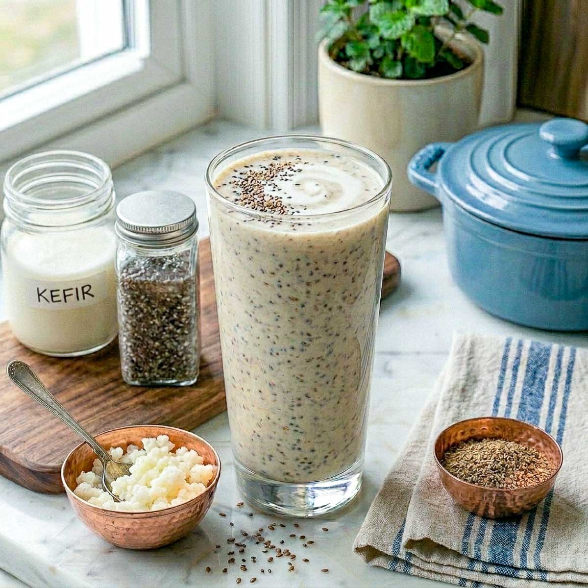 Chia flaxseed kefir smoothie in a tall glass with kefir, chia seeds, and ground flaxseed nearby.