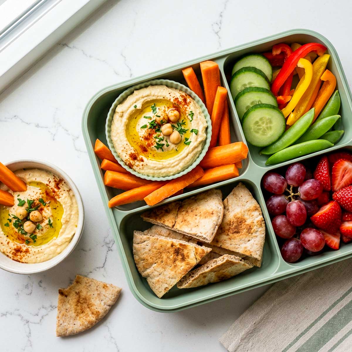 Classic hummus with carrot sticks, cucumber, bell peppers, snap peas, pita wedges, grapes, and strawberries in a lunchbox.