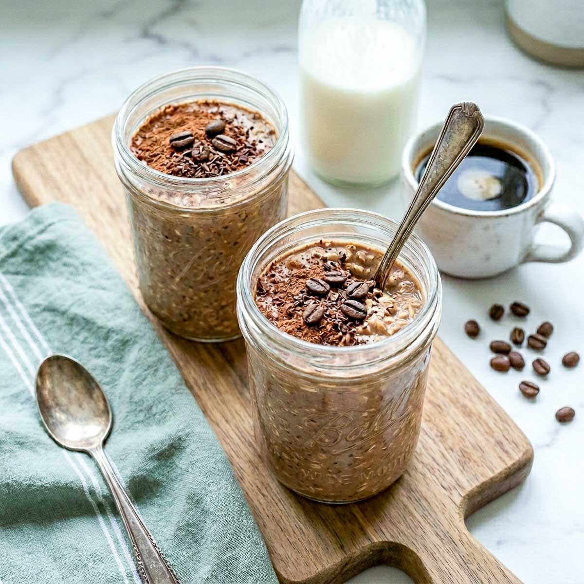 Coffee kefir overnight oats in glass jars topped with cocoa powder and coffee beans.