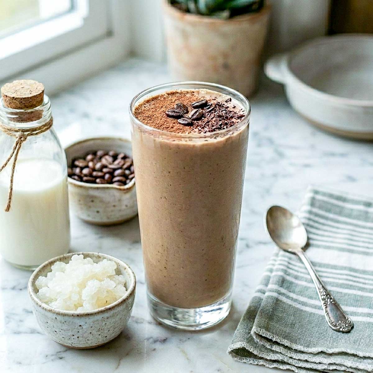 Creamy coffee kefir smoothie in a tall glass topped with cocoa powder and coffee beans.