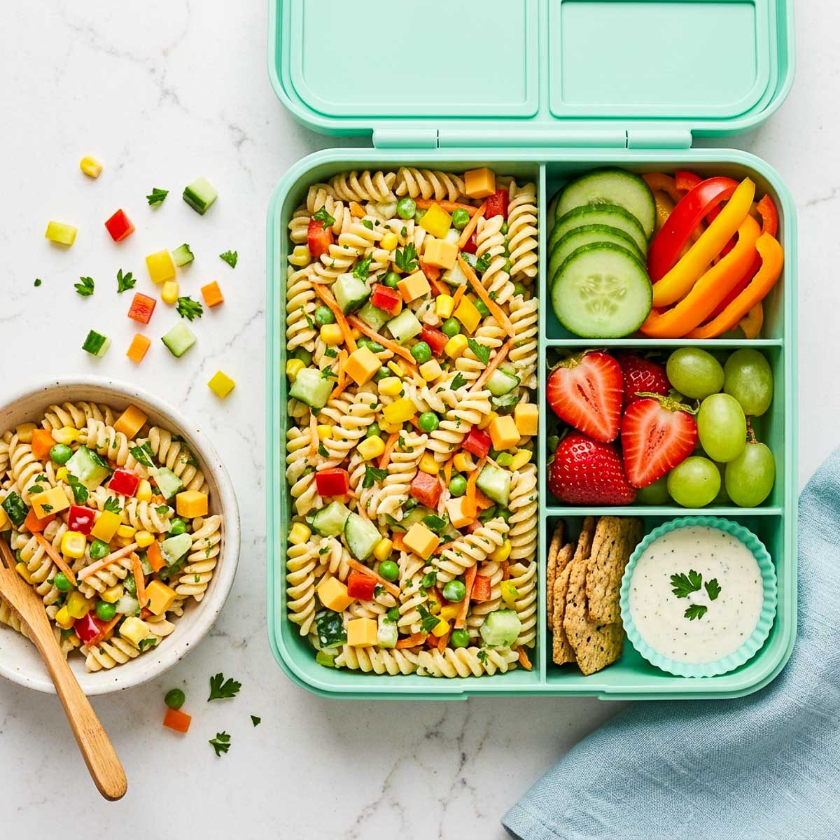 Crunchy veggie ranch pasta salad packed in a school lunchbox with cucumber, bell peppers, berries, grapes, crackers, and ranch dip.