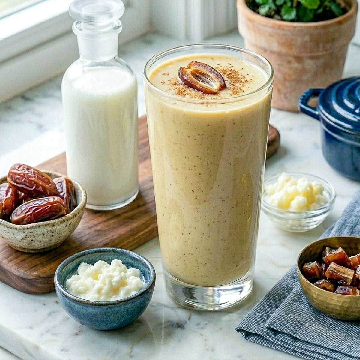 Date kefir smoothie in a tall glass with whole and chopped dates alongside.