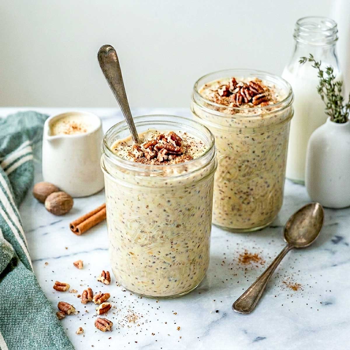 Eggnog kefir overnight oats in glass jars topped with pecans and nutmeg.