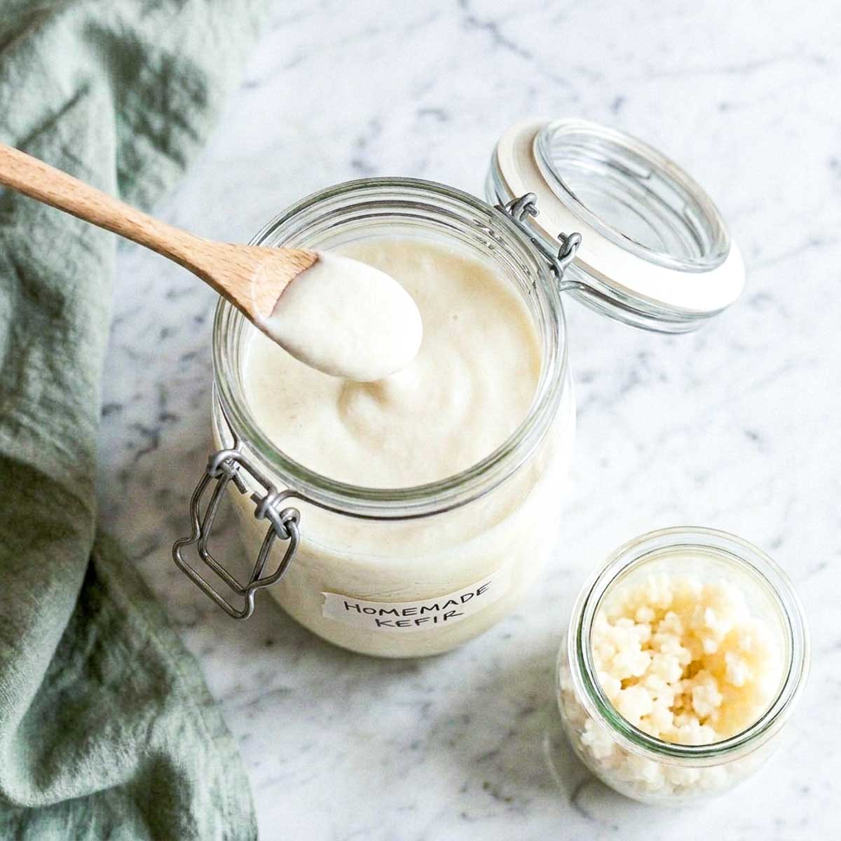 Overhead view of thick homemade milk kefir on a wooden spoon over an open jar, with fresh kefir grains in a small jar.