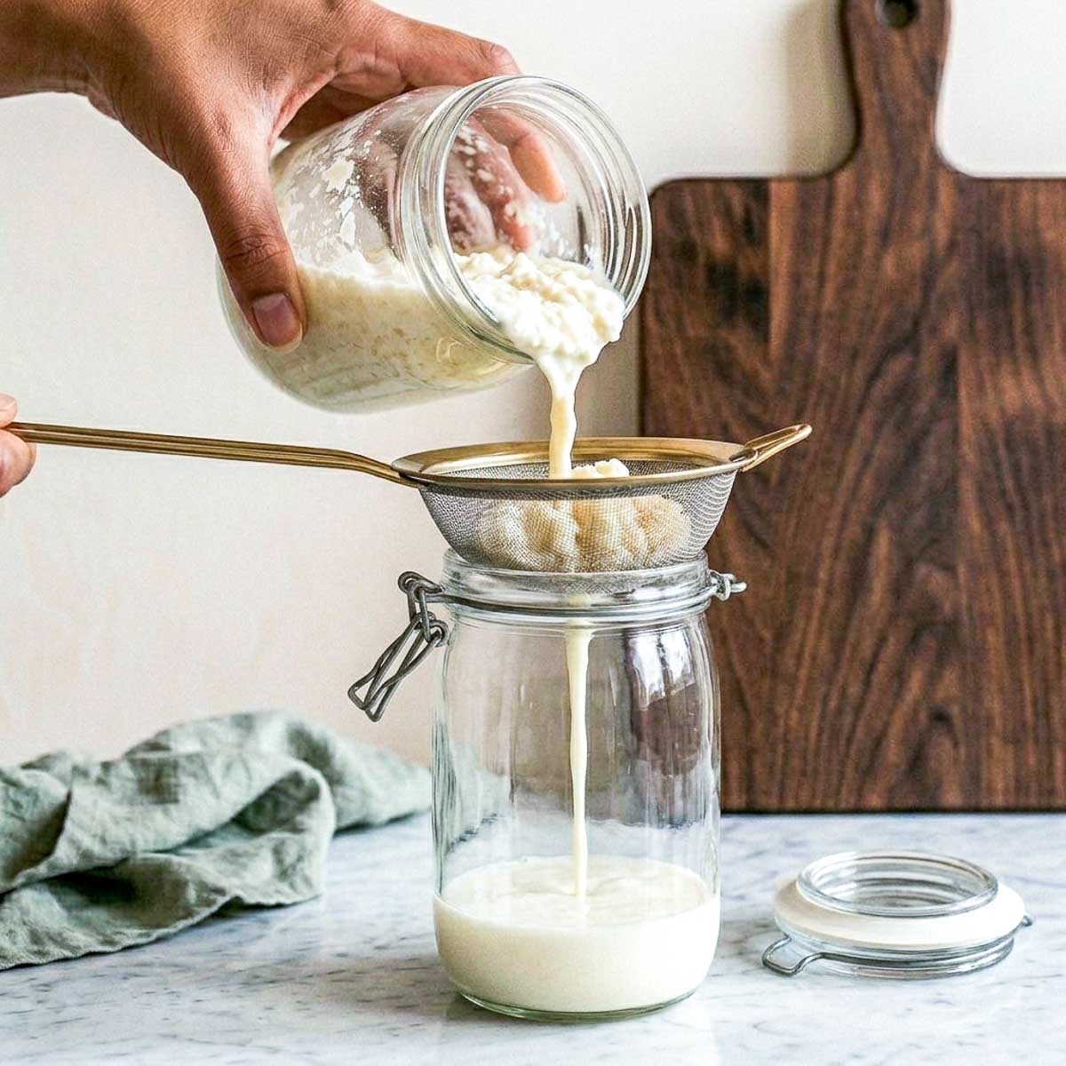Pouring fermented milk kefir through a fine mesh strainer to catch the kefir grains, straining into a clean glass jar.
