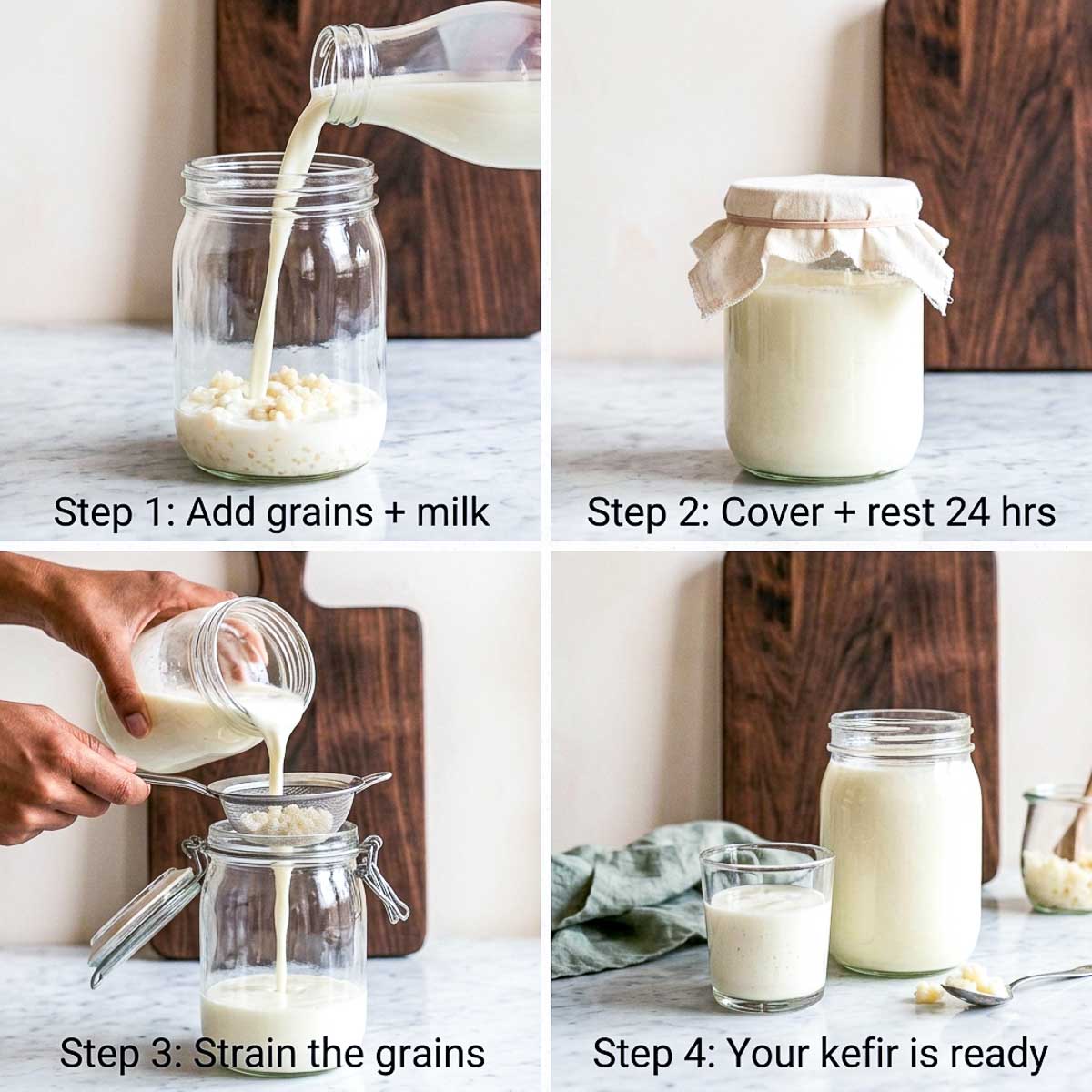 Four steps for how to make milk kefir: add grains to milk, cover and rest 24 hours, strain the grains, and serve.