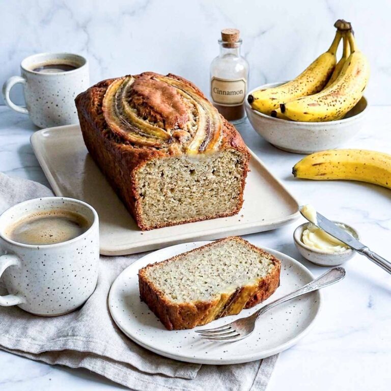 Sliced kefir banana bread loaf on a cream platter with a caramelized banana top, served with coffee and butter.