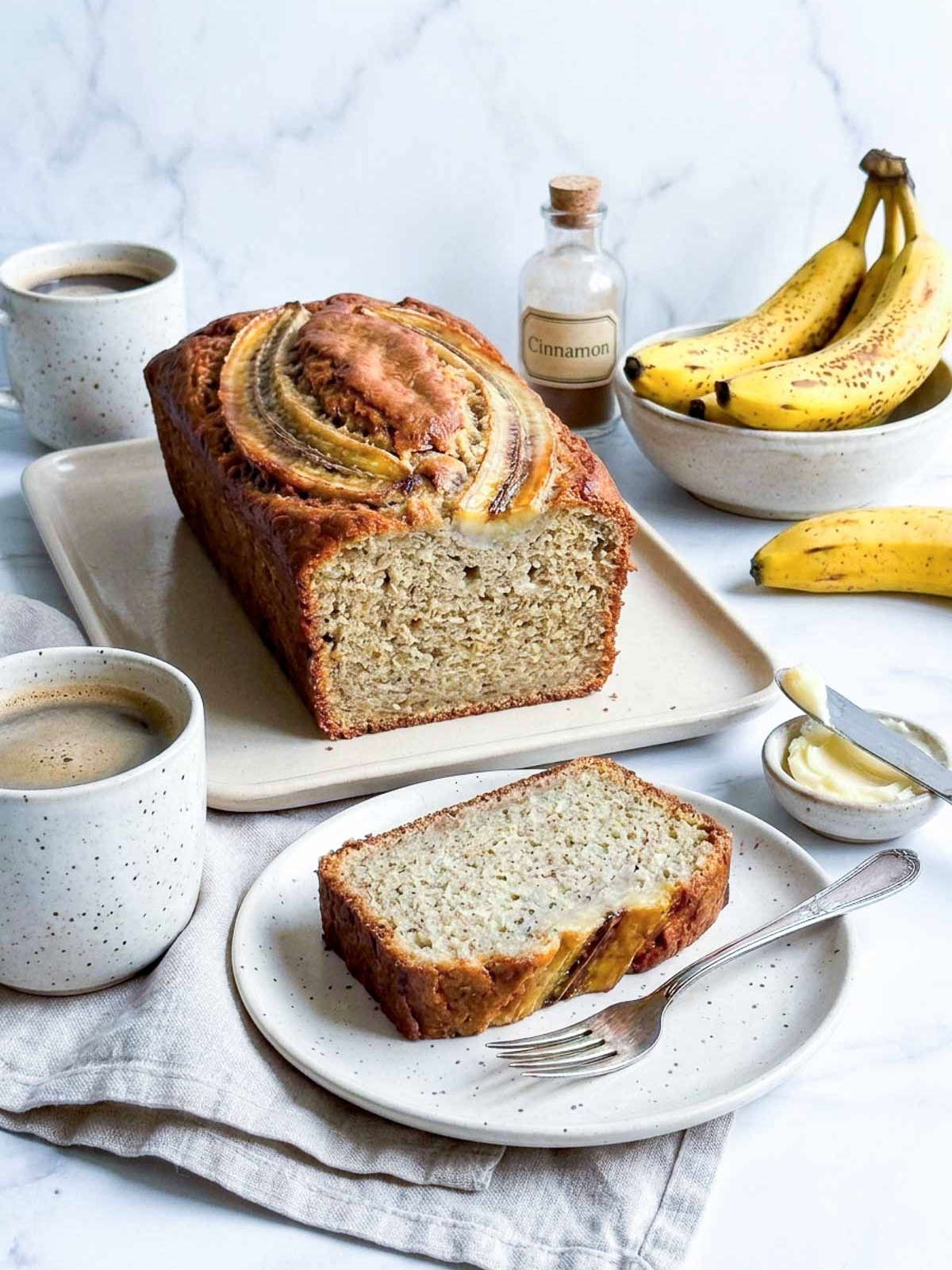 High protein banana bread made with milk kefir, sliced to show a moist tender crumb.