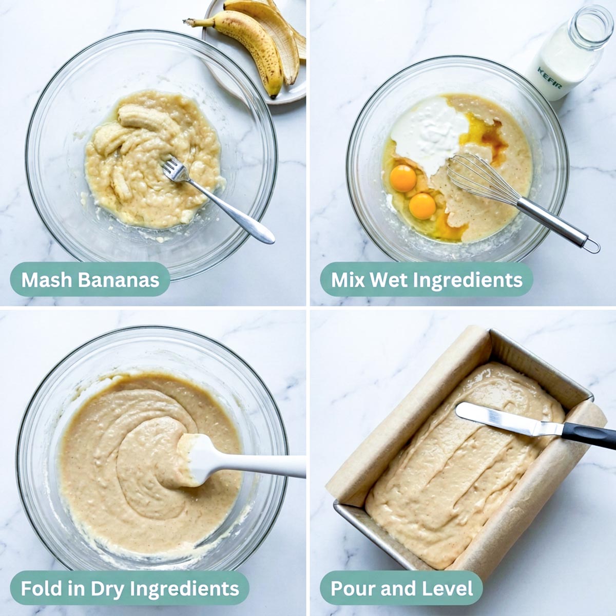 Step by step collage showing how to make kefir banana bread batter from mashing bananas to pouring into the loaf pan.