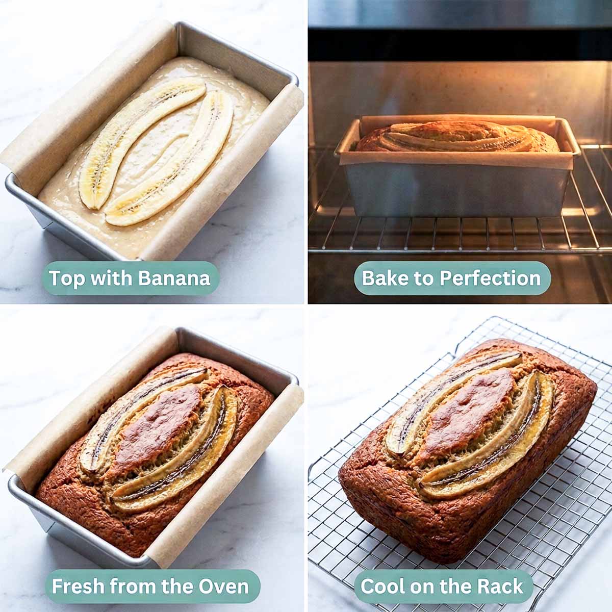 Four steps showing banana bread topped with sliced banana, baked in the oven, and cooling on a wire rack.