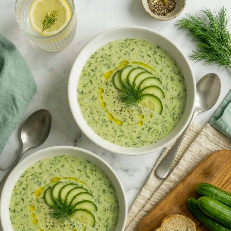 Two bowls of creamy kefir cucumber avocado soup garnished with sliced cucumber, fresh dill, olive oil, and black pepper.