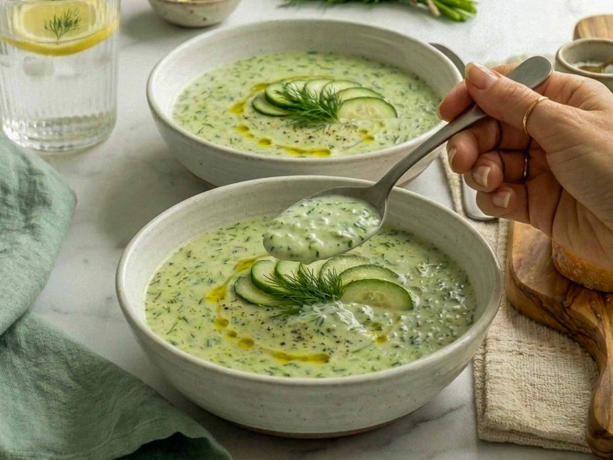 Spoonful of creamy kefir cucumber avocado soup held above a garnished bowl, showing the thick, creamy texture.