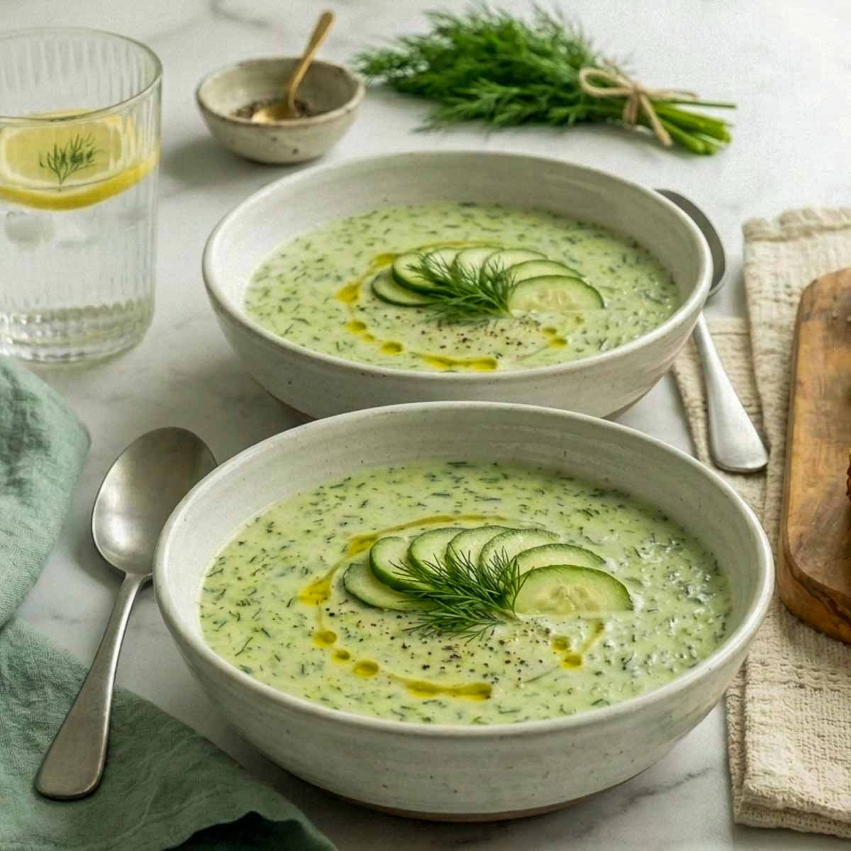 Two bowls of creamy kefir cucumber avocado soup garnished with thin cucumber slices, fresh dill, olive oil, and black pepper.