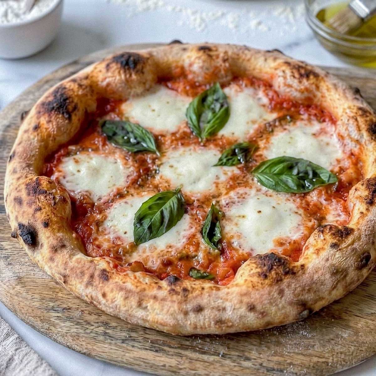 Margherita pizza baked on kefir pizza dough with a golden, puffed, blistered crust.