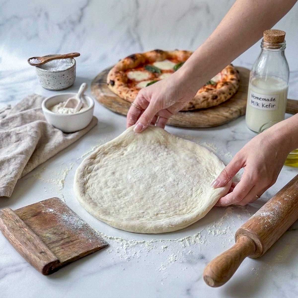 Hands stretching kefir pizza dough into a round on a floured marble counter with a bottle of milk kefir in the background.