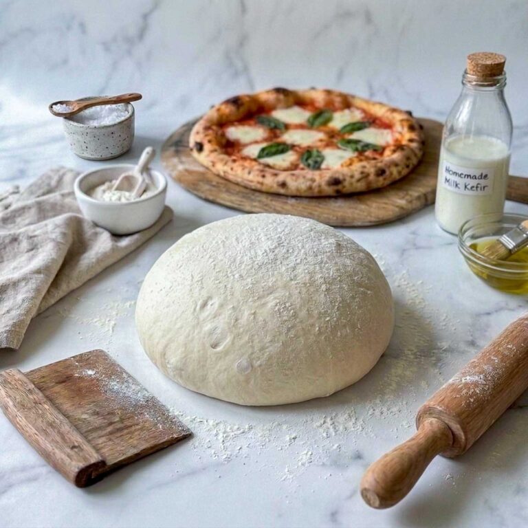 No-yeast kefir pizza dough ball on a floured marble counter with a baked margherita pizza and a bottle of homemade milk kefir.