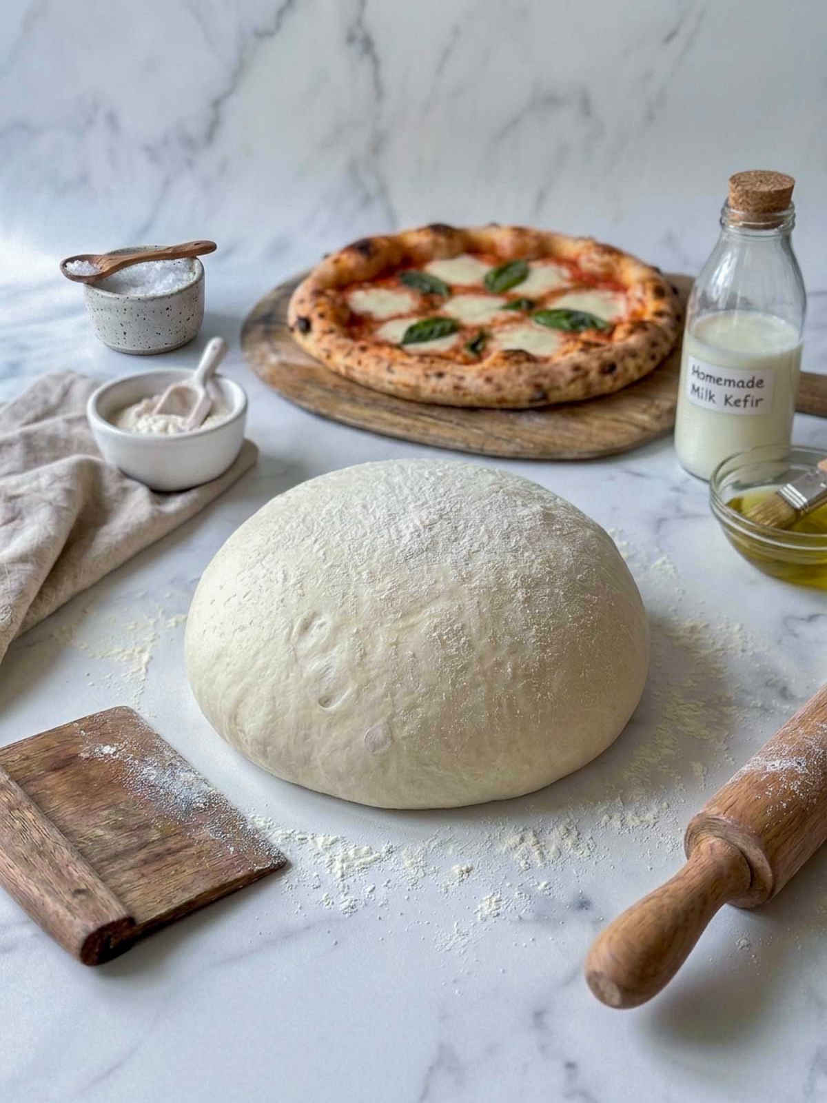 Homemade kefir pizza dough with no yeast next to a fresh margherita pizza on a marble counter.